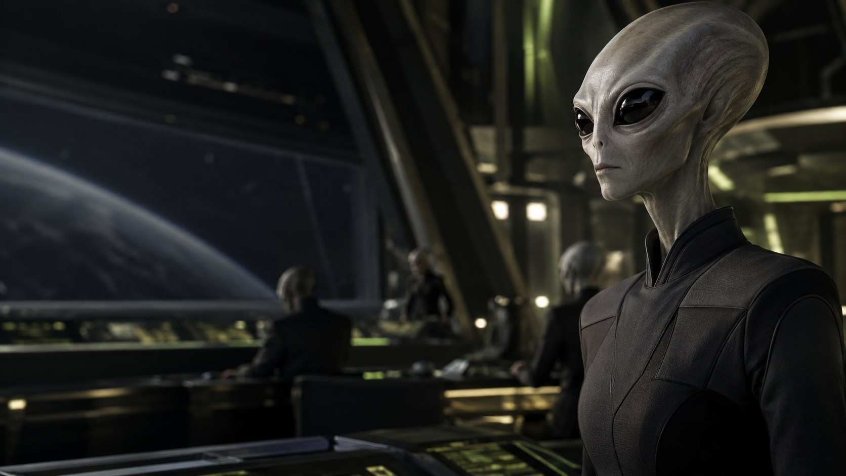 Photorealistic artwork of a Zeta Reticulan mission director in an aerospace command center