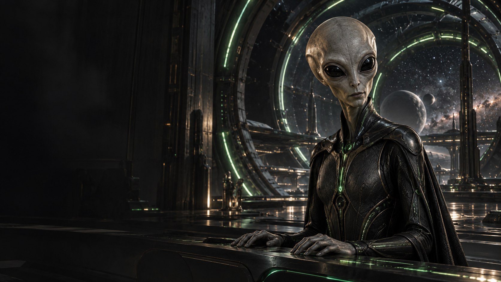 A lifelike Zeta Reticulan navigator at a spacecraft console with an emerald-ringed gateway and distant planets