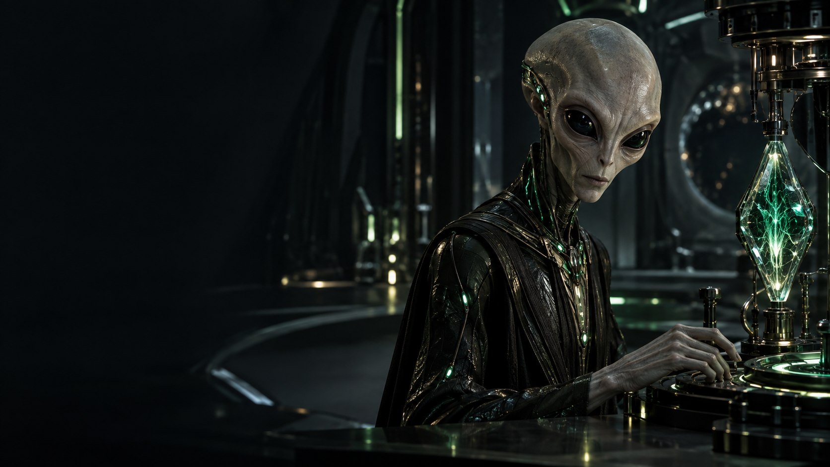 A lifelike Zeta Reticulan neural architect beside an emerald crystalline core in a dark cybernetics laboratory
